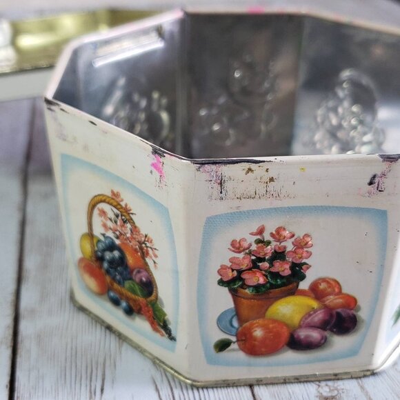 Octagonal Metal Candy Box Tin with Brightly Coloured Fruit Basket Vintage - Picture 7 of 10